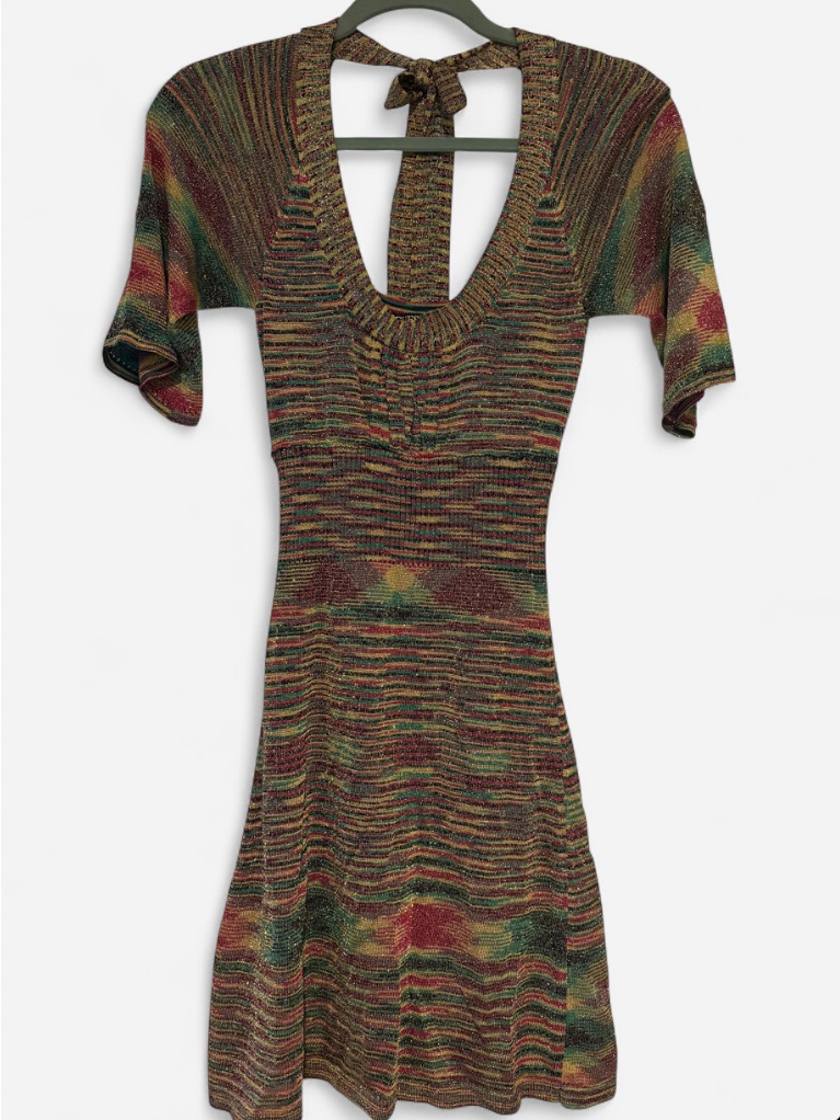 Guess - Multicolor Metallic, Knit Mini Dress With Scoop Back Tie